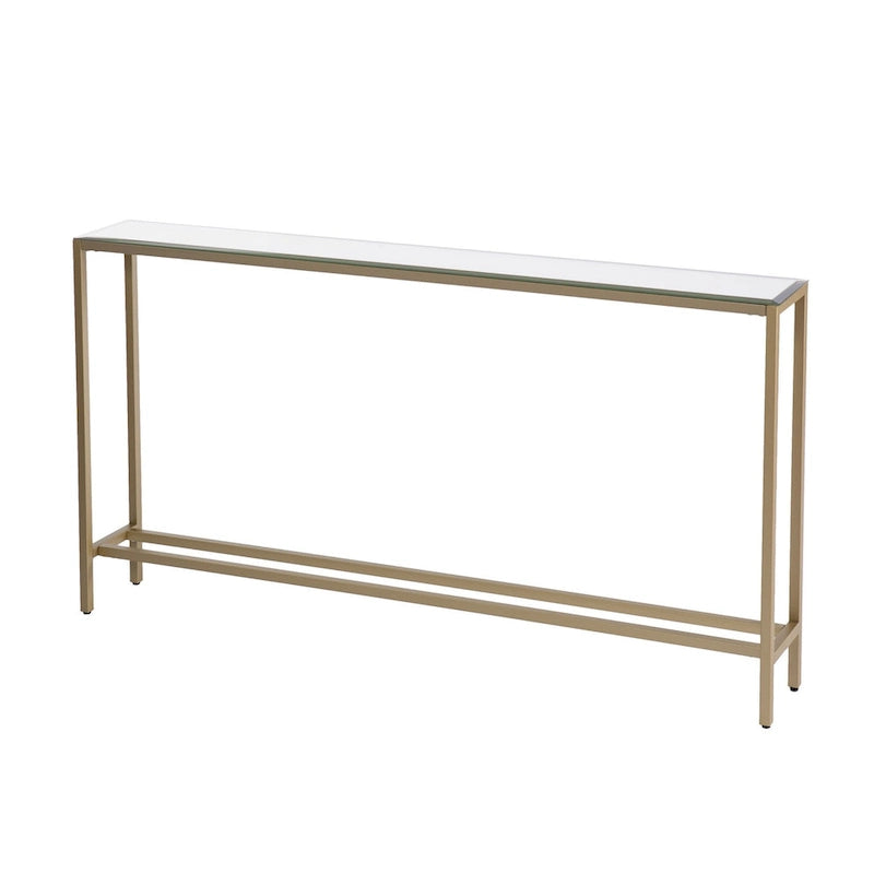 Console en verre miroir argenté, pieds en métal doré et style moderne - 56 cm L x 8 cm l x 30 cm H