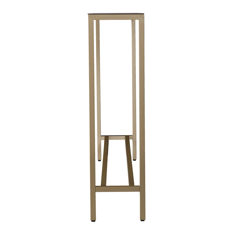 Console en verre miroir argenté, pieds en métal doré et style moderne - 56 cm L x 8 cm l x 30 cm H