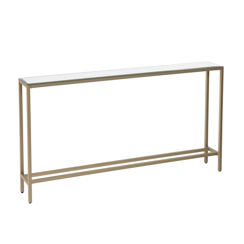 Console en verre miroir argenté, pieds en métal doré et style moderne - 56 cm L x 8 cm l x 30 cm H