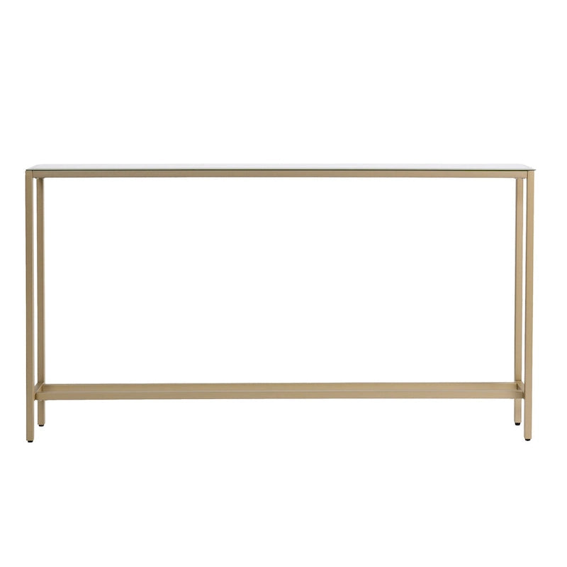 Console en verre miroir argenté, pieds en métal doré et style moderne - 56 cm L x 8 cm l x 30 cm H