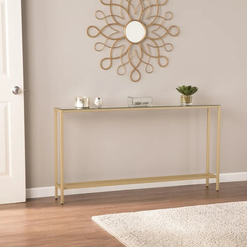 Console en verre miroir argenté, pieds en métal doré et style moderne - 56 cm L x 8 cm l x 30 cm H