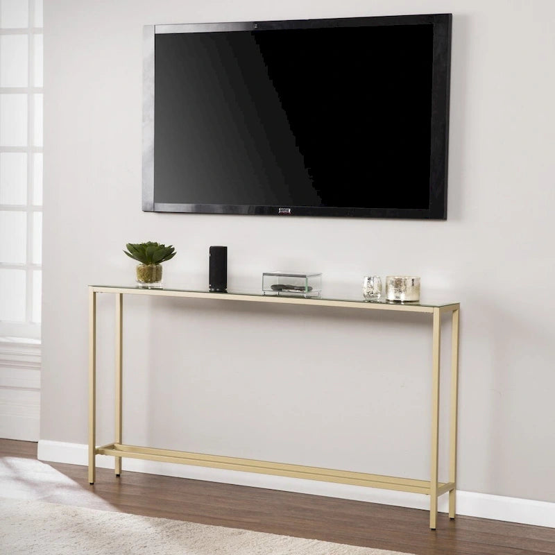 Console en verre miroir argenté, pieds en métal doré et style moderne - 56 cm L x 8 cm l x 30 cm H