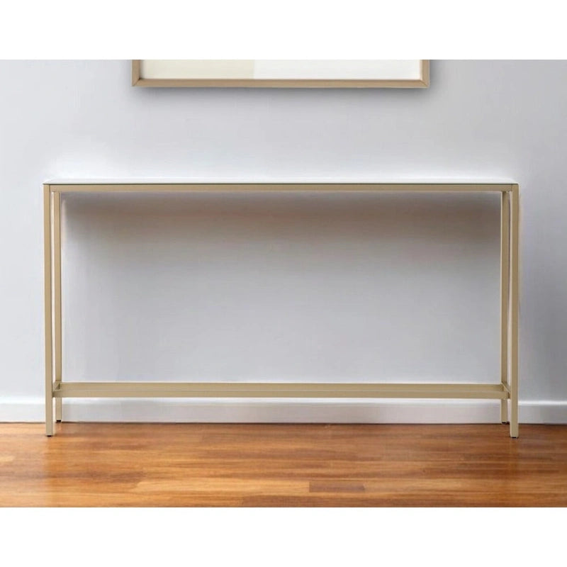 Console en verre miroir argenté, pieds en métal doré et style moderne - 56 cm L x 8 cm l x 30 cm H