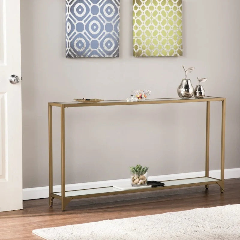 Console en verre miroir avec structure en métal et étagère - 56 cm L x 8 cm l x 29 cm H