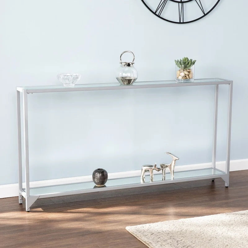 Console en verre miroir avec structure en métal et étagère - 56 cm L x 8 cm l x 29 cm H