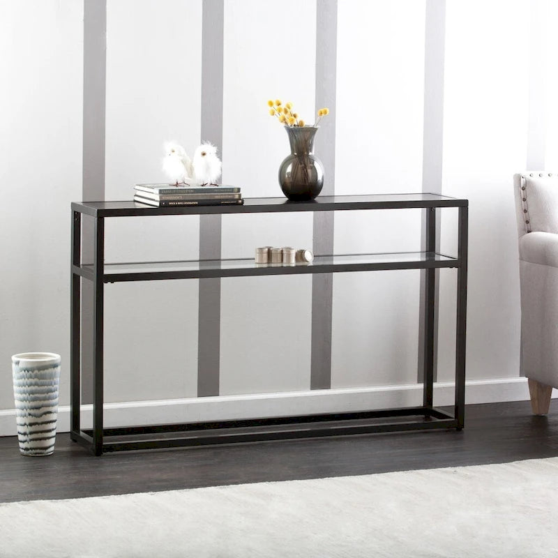 Console rectangulaire en verre noir avec étagère et structure en métal - 50,25 cm L x 10 cm l x 30,25 cm H