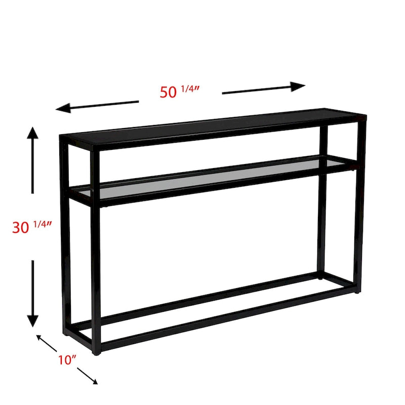 Console rectangulaire en verre noir avec étagère et structure en métal - 50,25 cm L x 10 cm l x 30,25 cm H