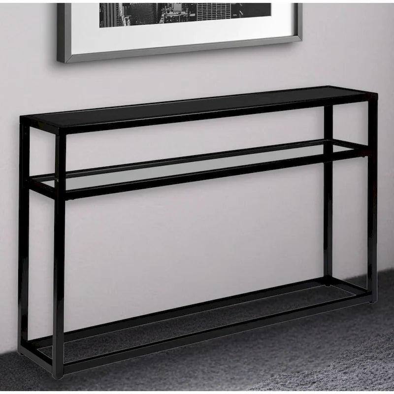 Console rectangulaire en verre noir avec étagère et structure en métal - 50,25 cm L x 10 cm l x 30,25 cm H