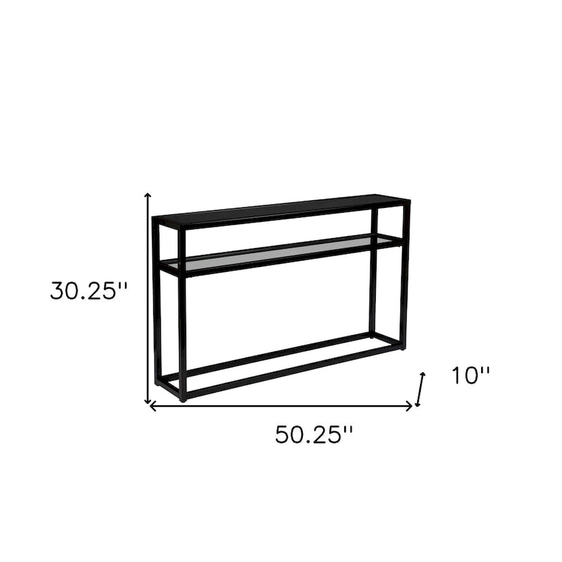 Console rectangulaire en verre noir avec étagère et structure en métal - 50,25 cm L x 10 cm l x 30,25 cm H