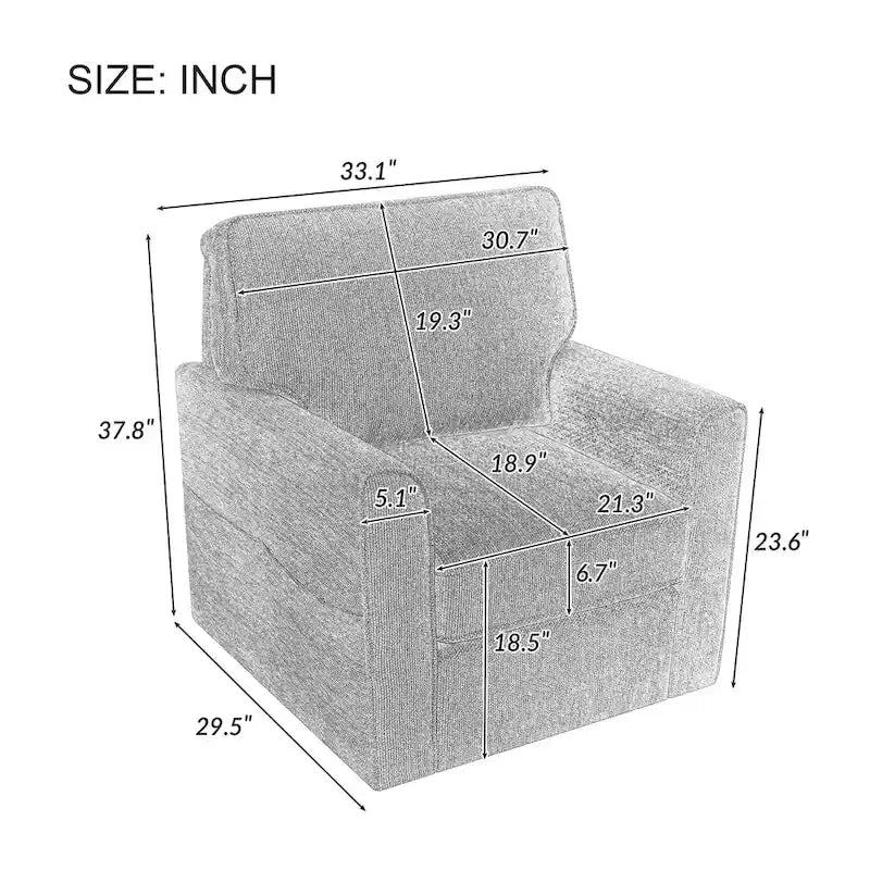 Fauteuil pivotant Chenille 360°, fauteuil moderne avec poches latérales, canapé pivotant, fauteuil inclinable ergonomique pour chambre à coucher