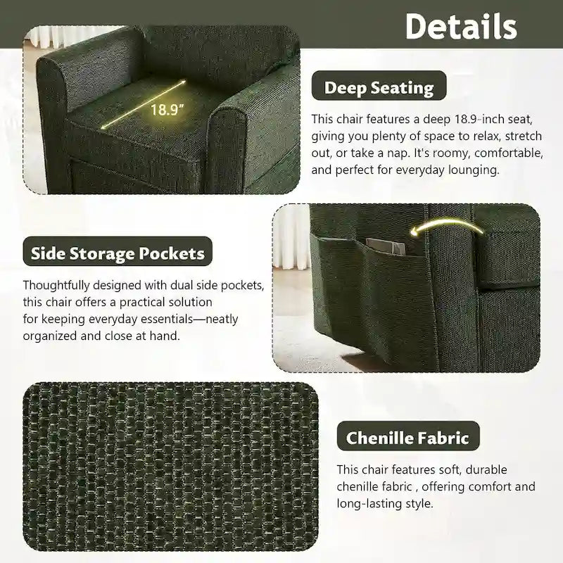 Fauteuil pivotant Chenille 360°, fauteuil moderne avec poches latérales, canapé pivotant, fauteuil inclinable ergonomique pour chambre à coucher