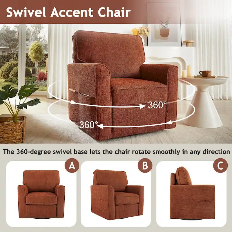 Fauteuil pivotant Chenille 360°, fauteuil moderne avec poches latérales, canapé pivotant, fauteuil inclinable ergonomique pour chambre à coucher