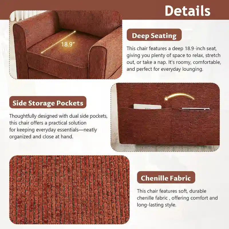 Fauteuil pivotant Chenille 360°, fauteuil moderne avec poches latérales, canapé pivotant, fauteuil inclinable ergonomique pour chambre à coucher