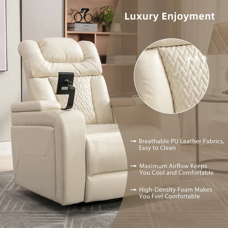 Fauteuil inclinable électrique pivotant à 270° en cuir PU avec support pour téléphone, porte-gobelet et port USB - Idéal pour le salon ou le home cinéma.