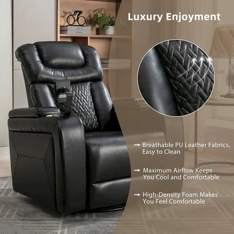 Fauteuil inclinable électrique pivotant à 270° en cuir PU avec support pour téléphone, porte-gobelet et port USB - Idéal pour le salon ou le home cinéma.