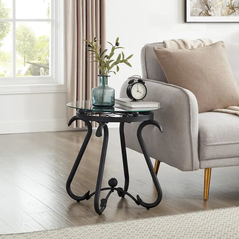 Table basse ronde rustique en verre trempé (2 pièces) avec table d'appoint pour salon, noire