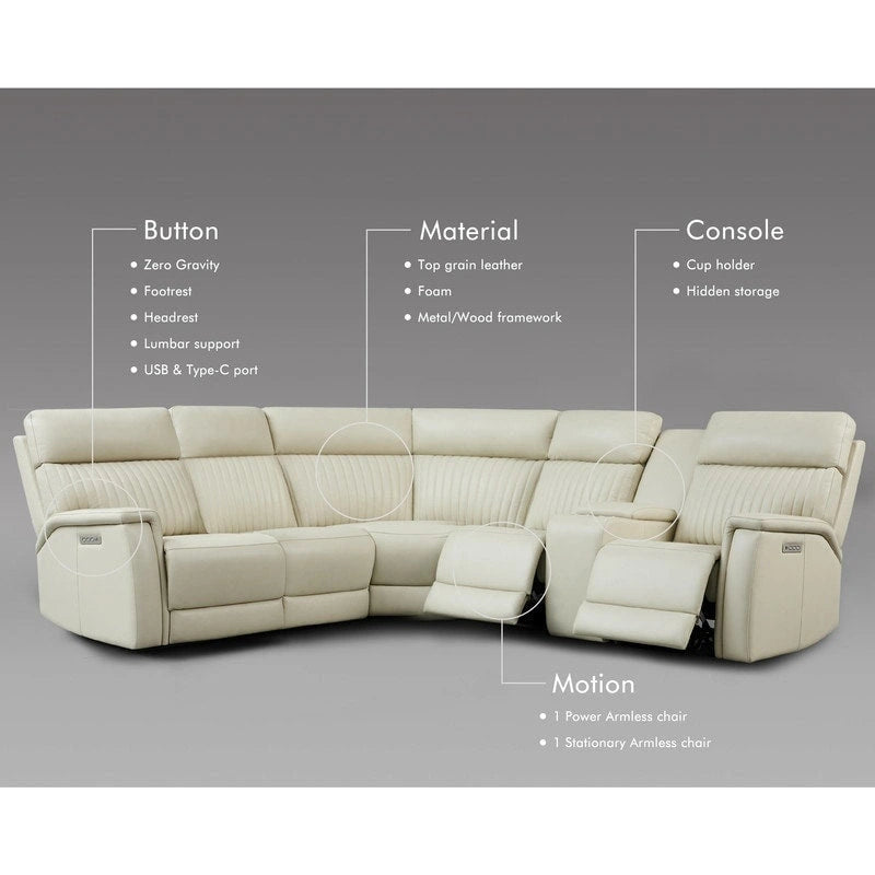 Canapé d'angle électrique en cuir véritable 105 W avec fauteuil inclinable, console centrale, ports USB et USB-C, et 1 fauteuil électrique sans accoudoirs.