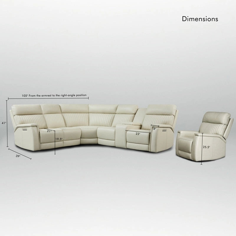 Canapé d'angle électrique en cuir véritable 105 W avec fauteuil inclinable, console centrale, ports USB et USB-C, et 1 fauteuil électrique sans accoudoirs.