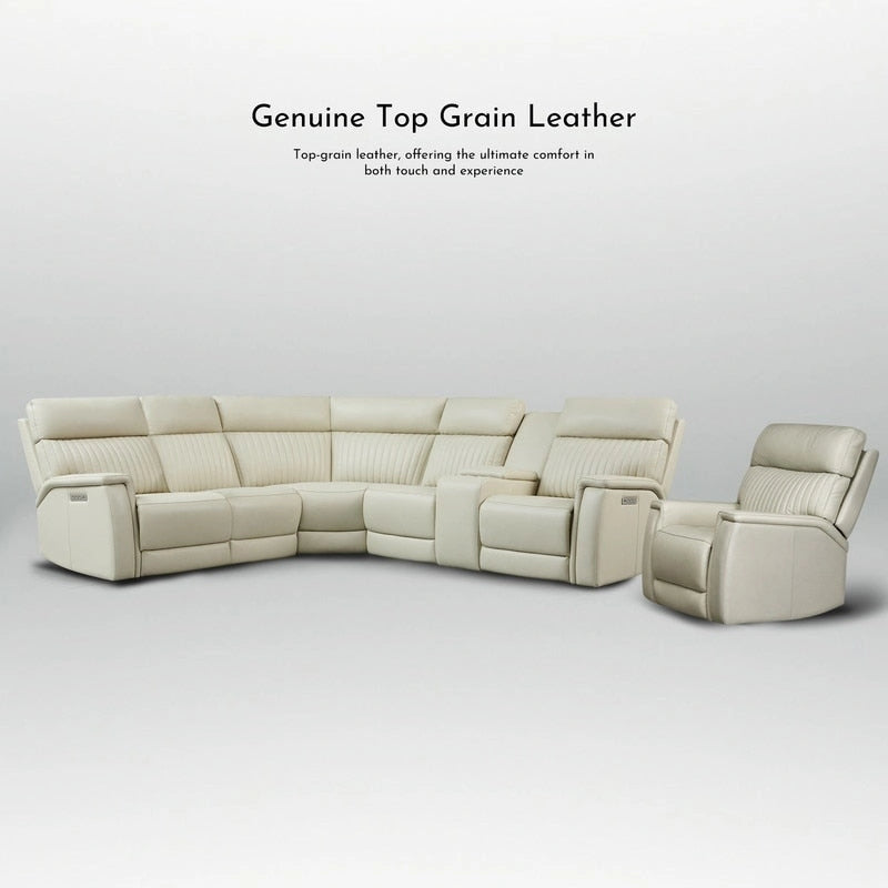 Canapé d'angle électrique en cuir véritable 105 W avec fauteuil inclinable, console centrale, ports USB et USB-C, et 1 fauteuil électrique sans accoudoirs.