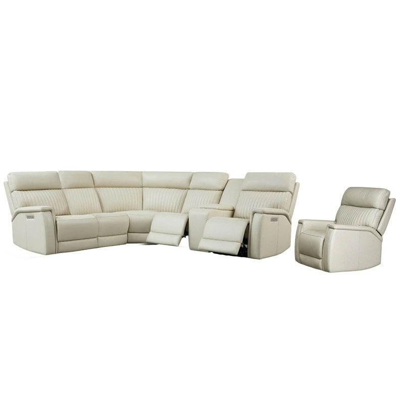 Canapé d'angle électrique en cuir véritable 105 W avec fauteuil inclinable, console centrale, ports USB et USB-C, et 1 fauteuil électrique sans accoudoirs.