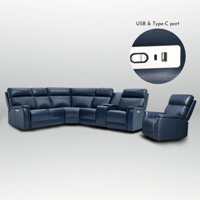 Canapé d'angle électrique en cuir véritable 105 W avec fauteuil inclinable, console centrale, ports USB et USB-C, et 1 fauteuil électrique sans accoudoirs.