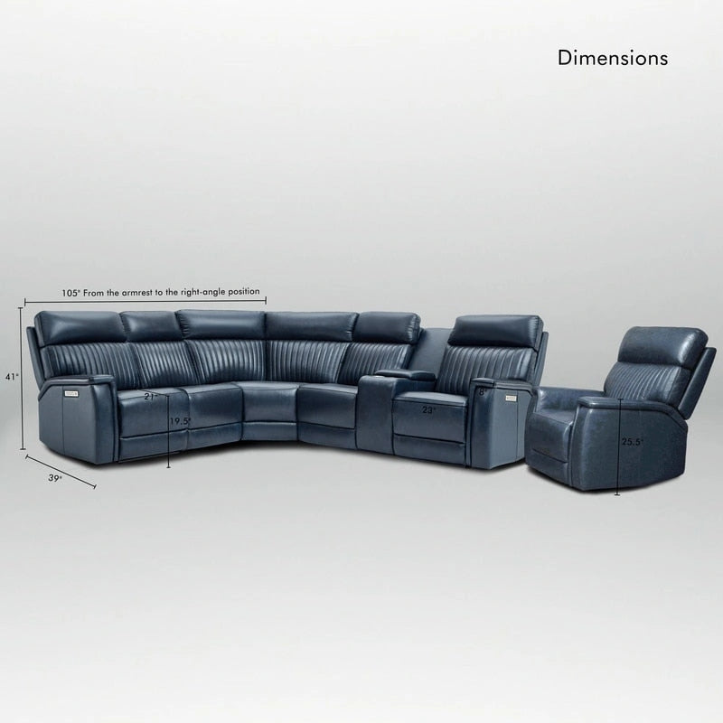 Canapé d'angle électrique en cuir véritable 105 W avec fauteuil inclinable, console centrale, ports USB et USB-C, et 1 fauteuil électrique sans accoudoirs.