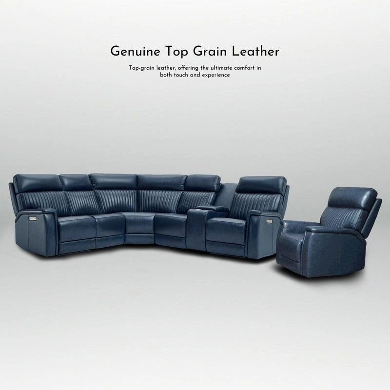 Canapé d'angle électrique en cuir véritable 105 W avec fauteuil inclinable, console centrale, ports USB et USB-C, et 1 fauteuil électrique sans accoudoirs.