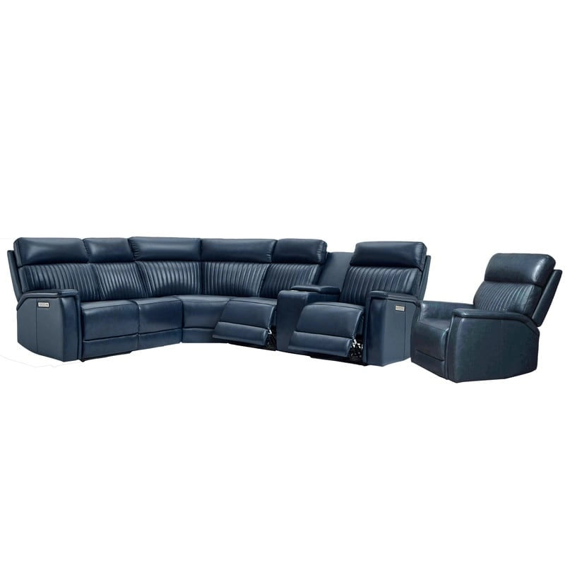 Canapé d'angle électrique en cuir véritable 105 W avec fauteuil inclinable, console centrale, ports USB et USB-C, et 1 fauteuil électrique sans accoudoirs.