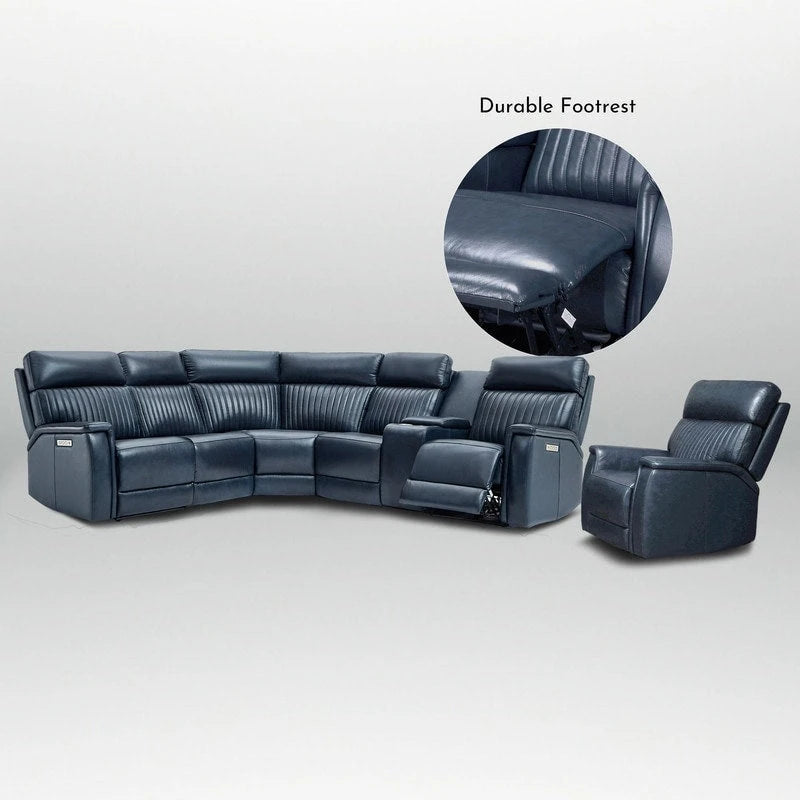 Canapé d'angle électrique en cuir véritable 105 W avec fauteuil inclinable, console centrale, ports USB et USB-C, et 1 fauteuil électrique sans accoudoirs.