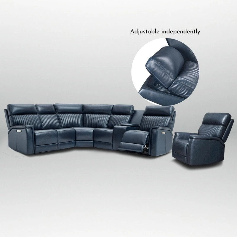 Canapé d'angle électrique en cuir véritable 105 W avec fauteuil inclinable, console centrale, ports USB et USB-C, et 1 fauteuil électrique sans accoudoirs.