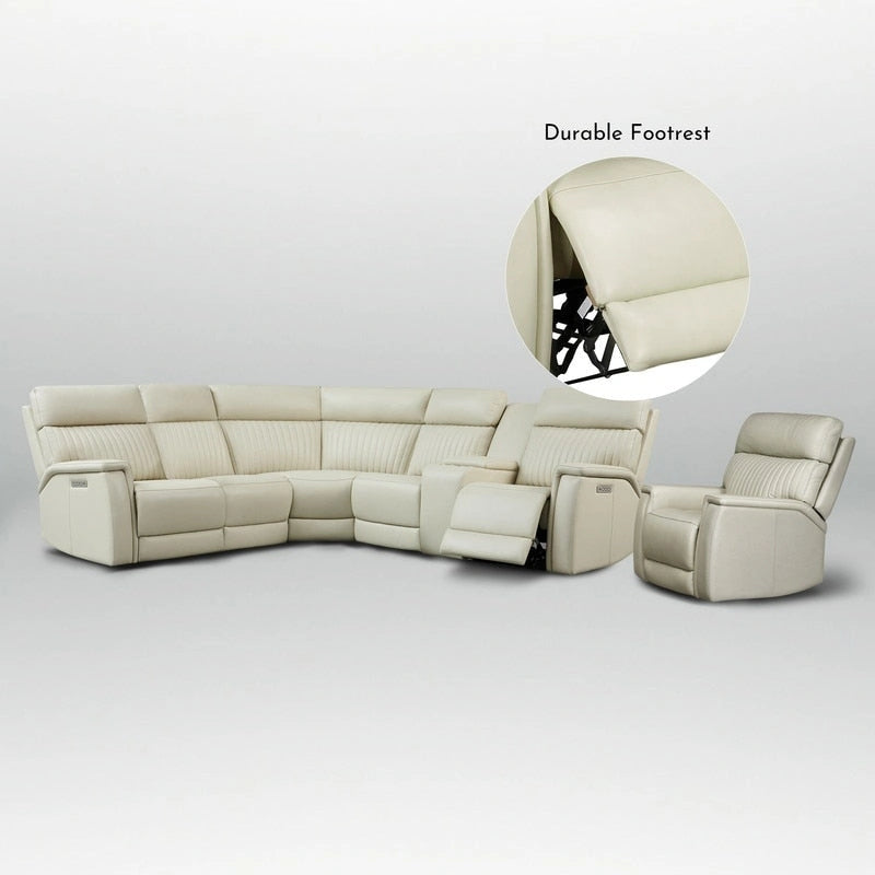 Canapé d'angle électrique en cuir véritable 105 W avec fauteuil inclinable, console centrale, ports USB et USB-C, et 1 fauteuil électrique sans accoudoirs.