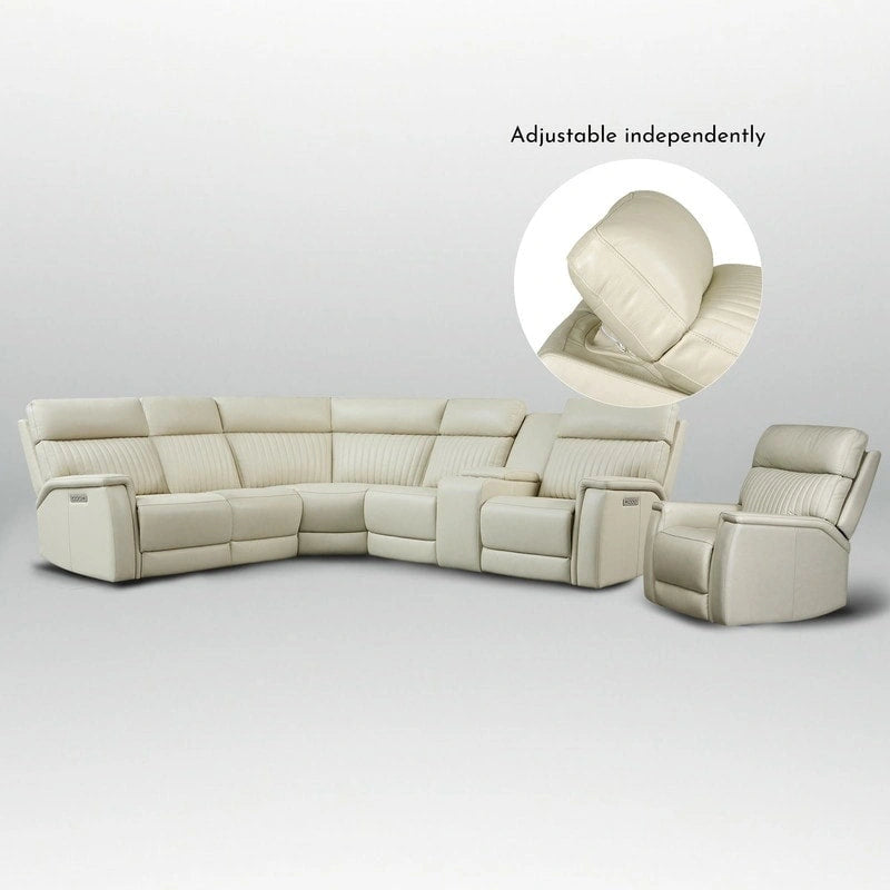 Canapé d'angle électrique en cuir véritable 105 W avec fauteuil inclinable, console centrale, ports USB et USB-C, et 1 fauteuil électrique sans accoudoirs.