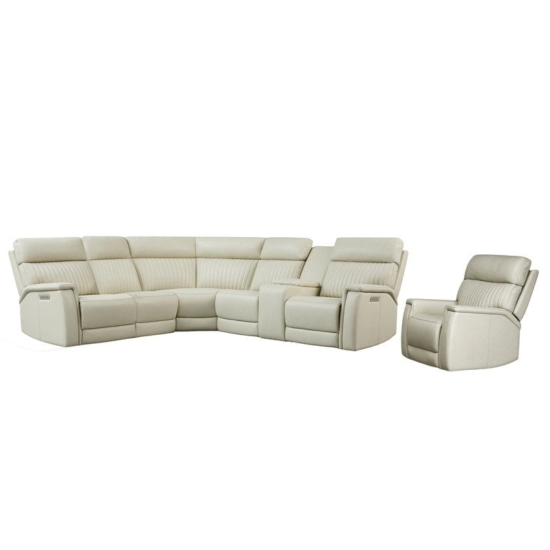 Canapé d'angle électrique en cuir véritable 105 W avec fauteuil inclinable, console centrale, ports USB et USB-C, et 1 fauteuil électrique sans accoudoirs.