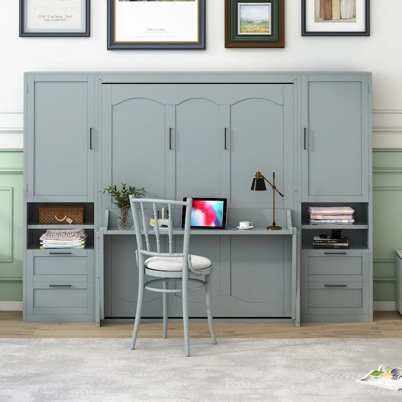 Lit escamotable Queen Size avec placard, bureau, tiroirs et étagères