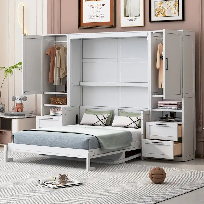 Lit escamotable Queen Size avec placard, bureau, tiroirs et étagères