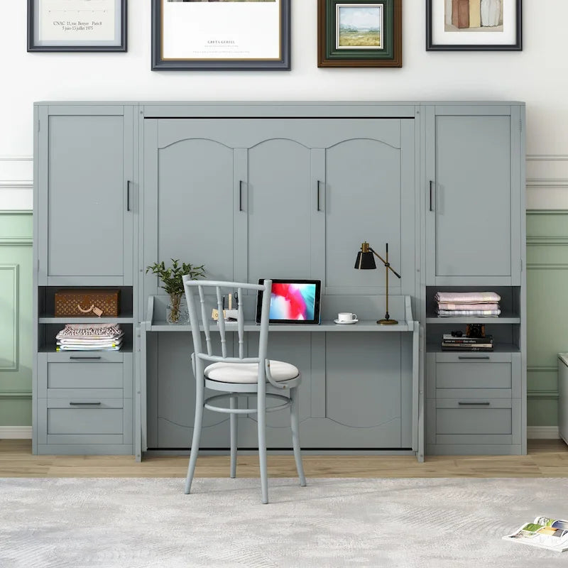 Lit escamotable Queen Size avec placard, bureau, tiroirs et étagères