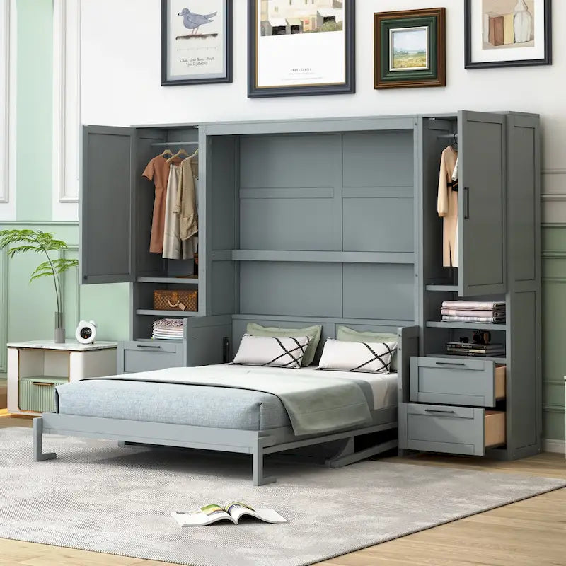 Lit escamotable Queen Size avec placard, bureau, tiroirs et étagères