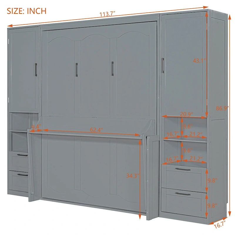 Lit escamotable Queen Size avec placard, bureau, tiroirs et étagères