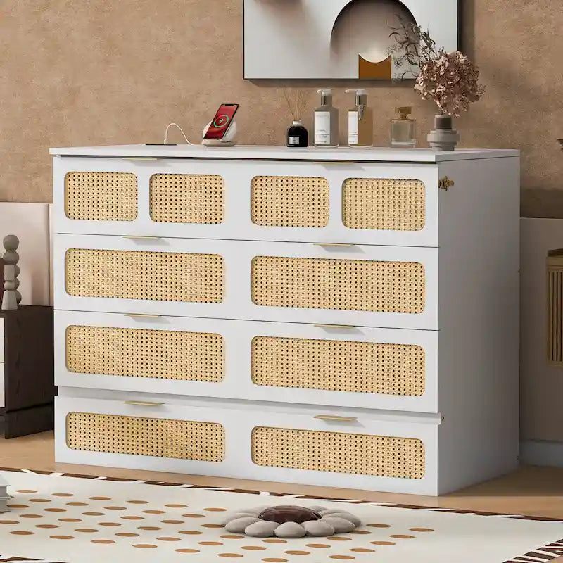 Lit escamotable en rotin avec tiroirs de rangement, ports USB et prises électriques