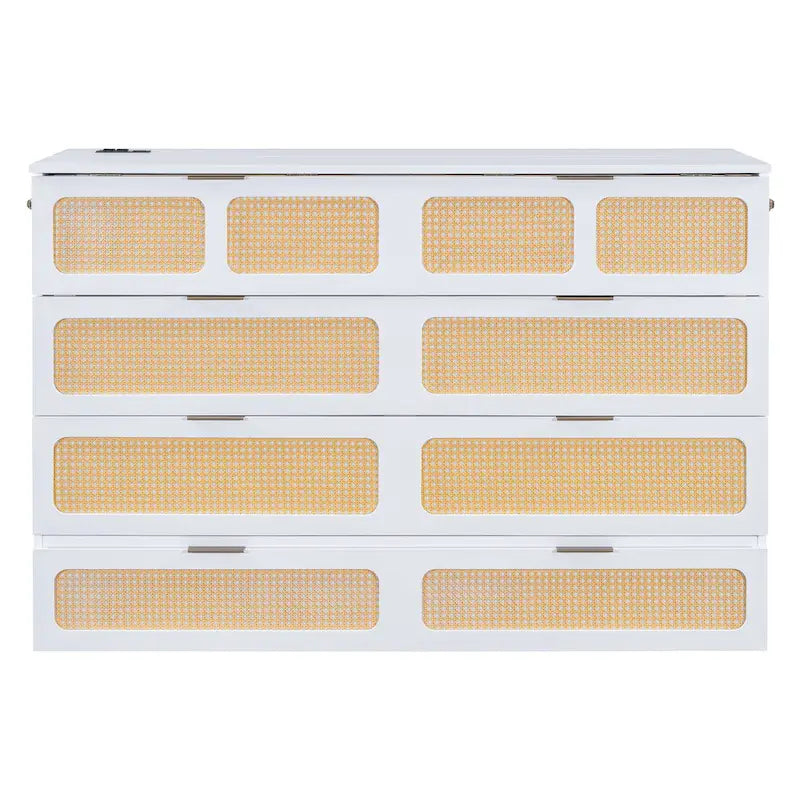 Lit escamotable en rotin avec tiroirs de rangement, ports USB et prises électriques
