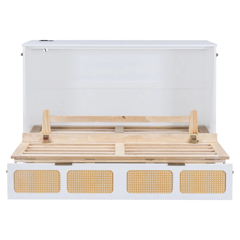 Lit escamotable en rotin avec tiroirs de rangement, ports USB et prises électriques