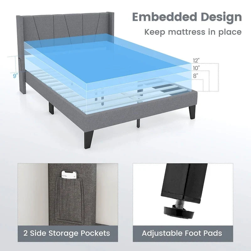 Cadre de lit rembourré Gymax pleine grandeur avec matelas à poches élastiques