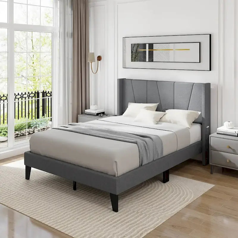 Cadre de lit rembourré Gymax pleine grandeur avec matelas à poches élastiques