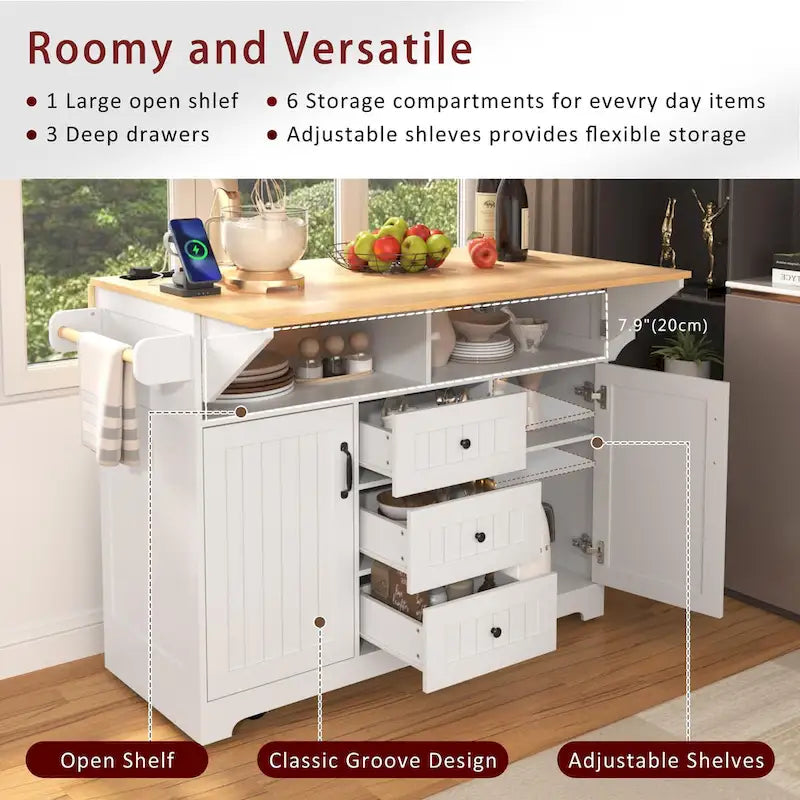 Îlot de cuisine de grande taille (55,7 po) avec 2 rallonges rabattables (tabouret non inclus)