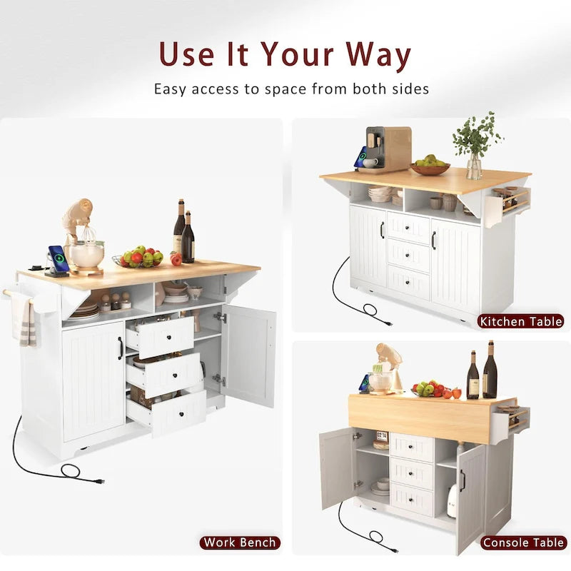 Îlot de cuisine de grande taille (55,7 po) avec 2 rallonges rabattables (tabouret non inclus)