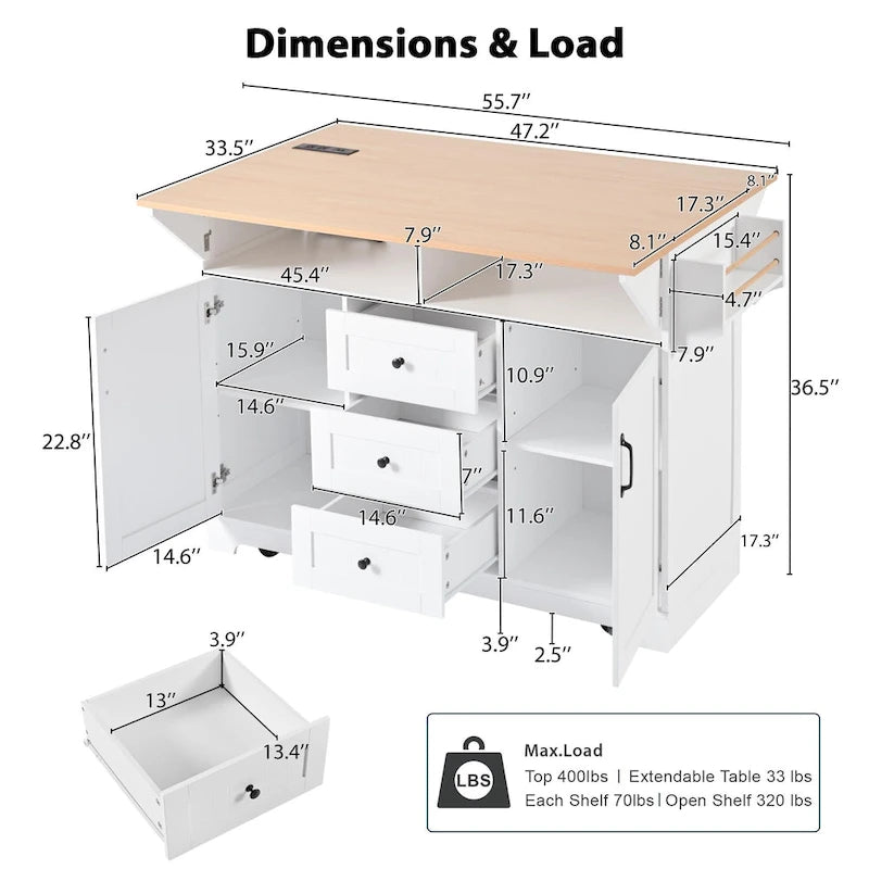 Îlot de cuisine de grande taille (55,7 po) avec 2 rallonges rabattables (tabouret non inclus)