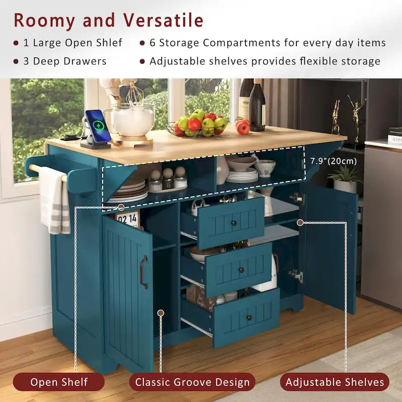 Îlot de cuisine de grande taille (55,7 po) avec 2 rallonges rabattables (tabouret non inclus)