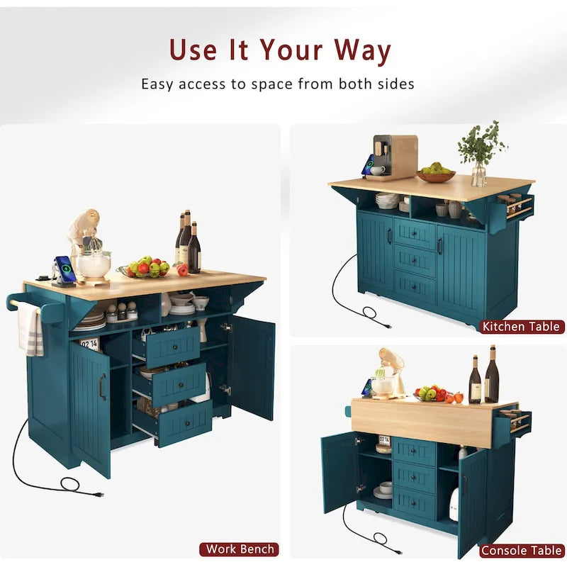 Îlot de cuisine de grande taille (55,7 po) avec 2 rallonges rabattables (tabouret non inclus)