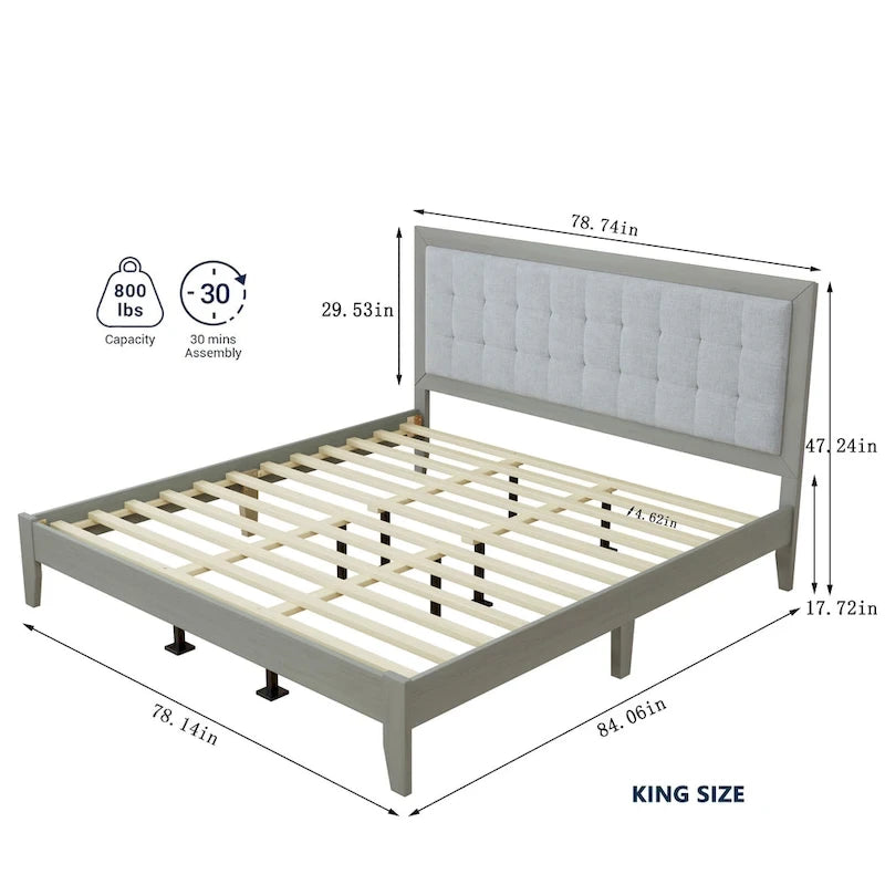 Lit king size avec tête de lit rembourrée et plateforme en bois massif