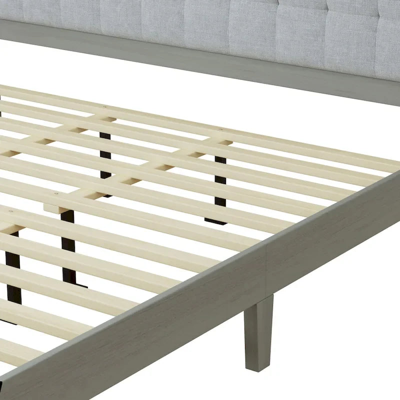 Lit king size avec tête de lit rembourrée et plateforme en bois massif